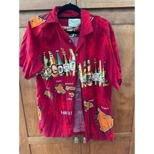 Thums Up For Him Hawaiian Shirt Men's Medium Red Beer Bottles Islands Map Rayon